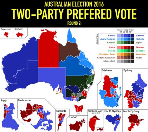 australian federal election   party preferred vote map australia