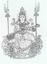 Saraswati Maa Outline Mural Deuses Indianos Pencil Goddess Kerala Lakshmi Hindu Vedic Orientais Contorno Tatuagens Sketches sketch template