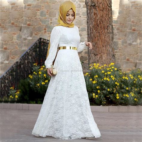 Chiffon Hijab White Lace Indian Muslim Evening Dresses 2017 A Line