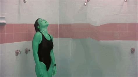 Yasmine Bleeth Turquoise Skinned One Piece Black Swimsuit Shower Body