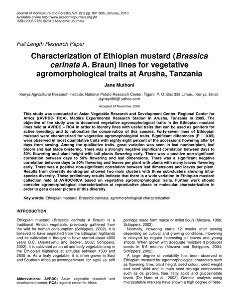 pdf characterization of ethiopian mustard brassica carinata a braun lines for vegetative