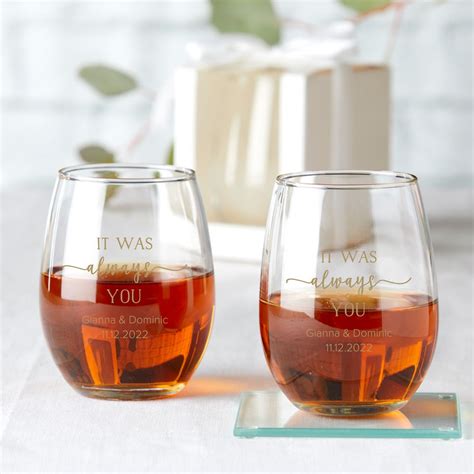 personalized wedding 9 oz stemless wine glass t box available mwf