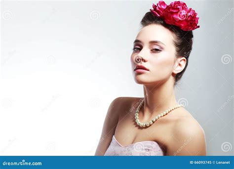 Girl With Pink Flowers Stock Image Image Of Brunette 66093745