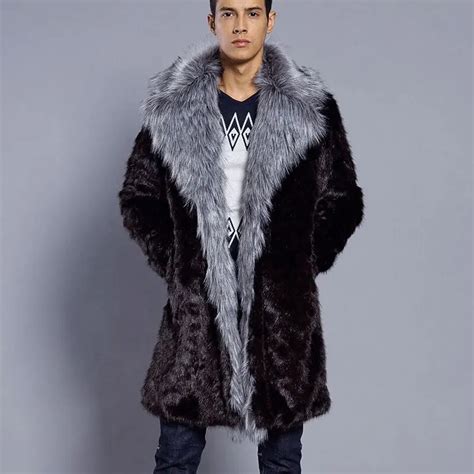 men winter long coat thick warm faux fur outwear turn down fur collar