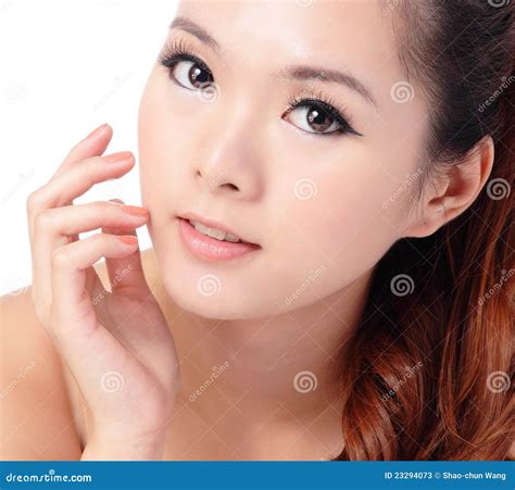 beauty skin care woman smile  touching  face stock image image