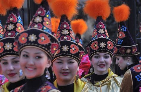 Wearing Their Traditional Costumes Kyrgyz Girls Dance At