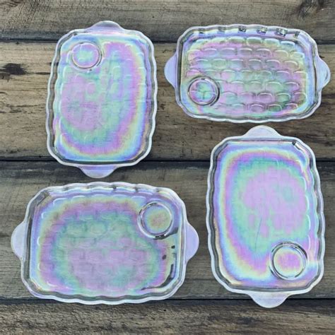 Vintage 1960s Snack Plates Federal Glass Iridescent Colonial Pattern