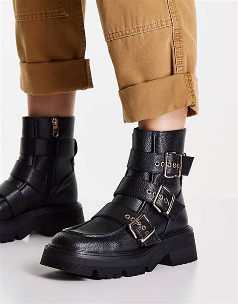Bershka Chunky Boot With Square Toe And Buckle Detail In Black Asos