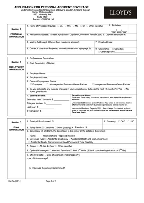 Application Form For Personal Accident Coverage printable
