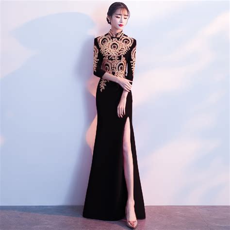 modern chinese wedding dress black cheongsam sexy oriental collars