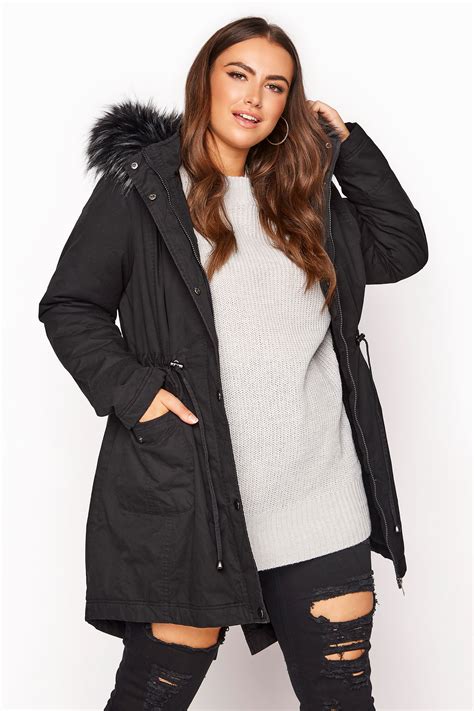 size black faux fur trim hooded parka  clothing