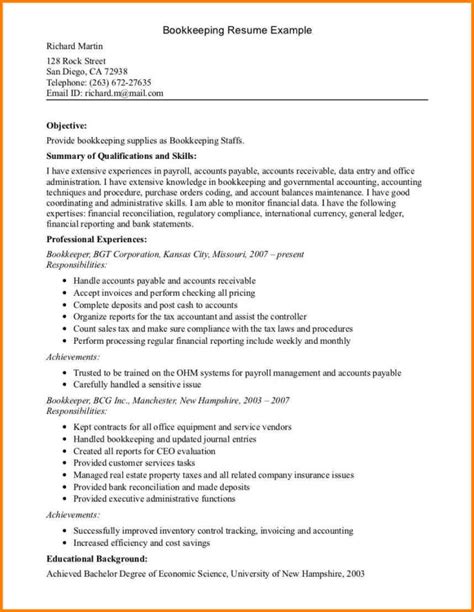 bookkeeper resume sample summary bookkeeping spreadshee bookkeeper