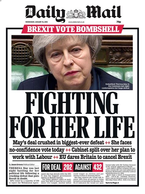 Brextinct Front Pages On Wednesday After Mays Brexit Vote Defeat