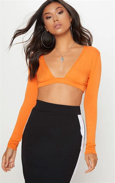 orange gathered front long sleeve crop top prettylittlething