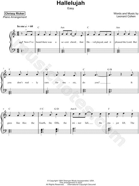 chrissy ricker hallelujah [easy] sheet music piano solo in c major