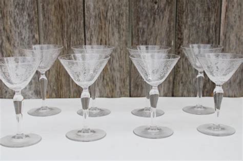 1920s Vintage Fostoria Wildflower Etched Crystal Cocktail Glasses Set Of 8