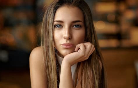 wallpaper girl model long hair brown hair photo blue eyes lips