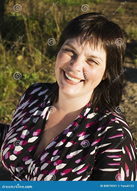 Beauty Mature Brunette Woman In Park Smiling Close Up Autumn Park