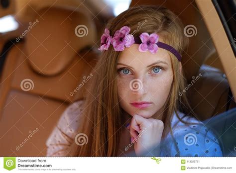 Portrait Of Freckled Female In A Car Stock Image Image Of Posing