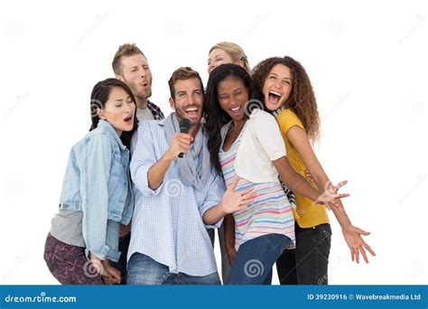group  happy people singing  microphone stock photo image  camera male