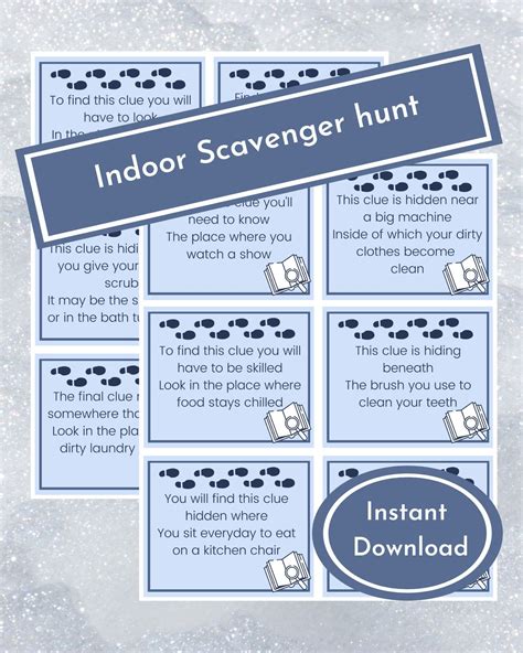 indoor scavenger hunt treasure hunt  kids template printable clue