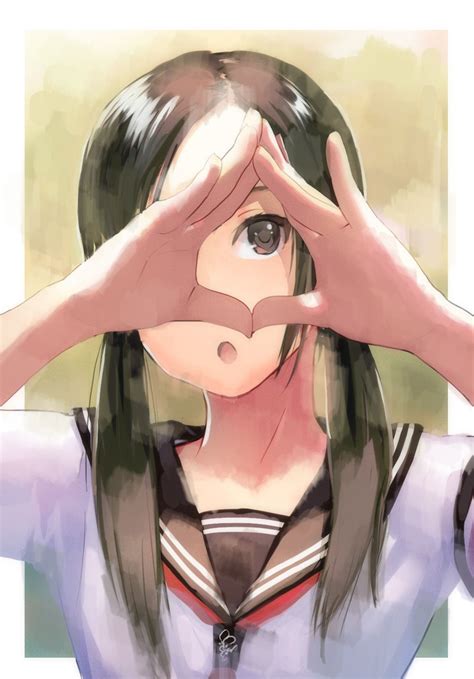 1girl O Black Hair Brown Eyes Finger Frame Highres Looking Up Noruminn