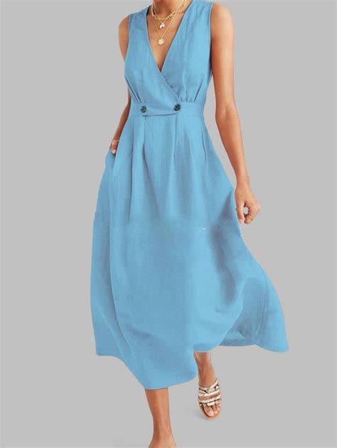 Vintage Solid Color V Neck Sleeveless Summer Dress With Images