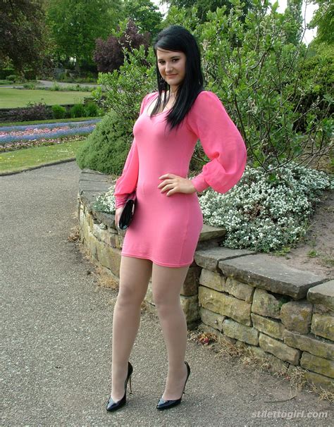 cute brunette elise works on your fetish wearing a tight pink summer dress and nylon seduction