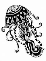 Coloring Jellyfish Pages Mandala Adults Adult Printable Zentangle Tattoo Animal Book Drawn Shirt Hand Style Octopus Animals Colouring Insect Top sketch template