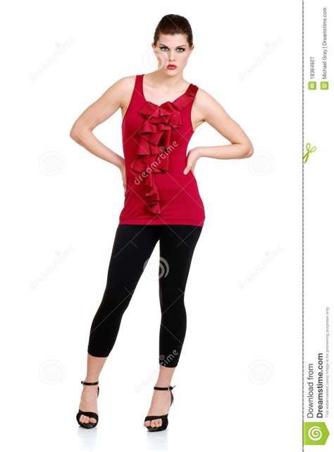 brunette wearing black pants and red top stock image image of cute fashion 18384927