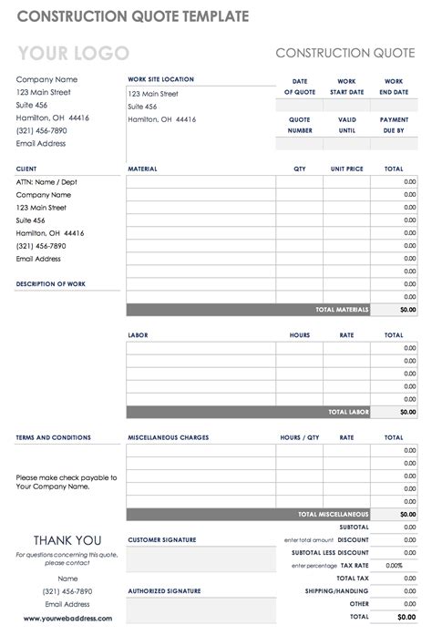 construction quote templates smartsheet