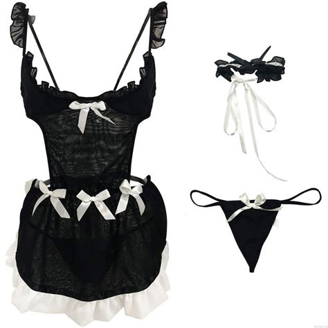 sexy french maid outfit cosplay costume bowknot backless nightgown