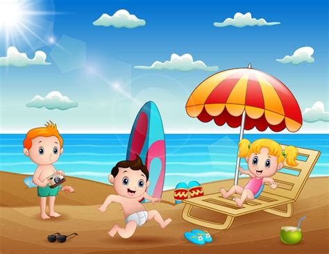Férias De Verão Com Crianças Na Praia Tropical Vetor Premium
