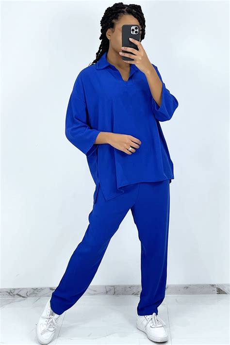 koningsblauwe vloeiende blouse en broek set