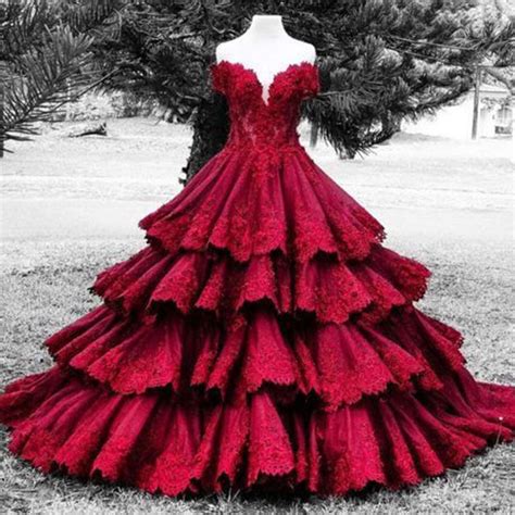 burgundy wedding dresses 2017 luxury satin tiered lace bridal gown off