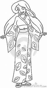 Coloring Kimono Caucasian Woman Japanese Traditional Illustration Vector sketch template