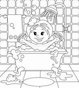 Bathroom Girl Coloring Vector Illustration Book Shower Stock Shutterstock Hygiene Preview sketch template