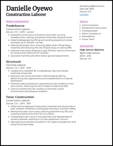 construction worker resume examples   construction worker