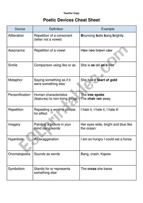poetic devices esl worksheet  mgreenberry