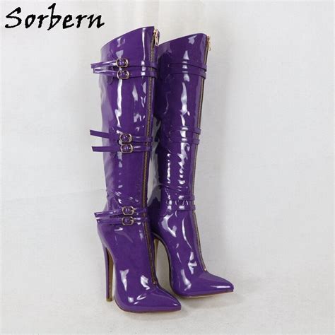Sorbern Purple Patent Knee High Boots Women High Heel Stilettos Buckle