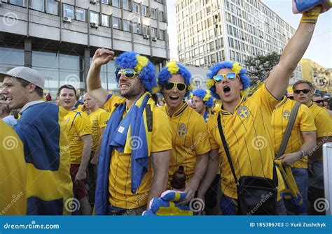Drunk Swedish Soccer Fans Faces Painted In Yellow Blue National Colors