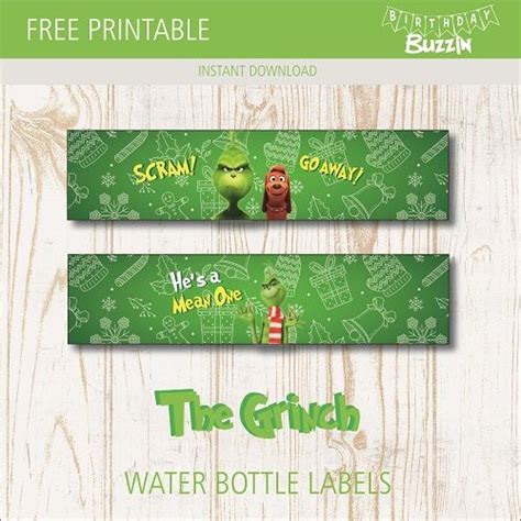 printable  grinch water bottle labels birthday buzzin water