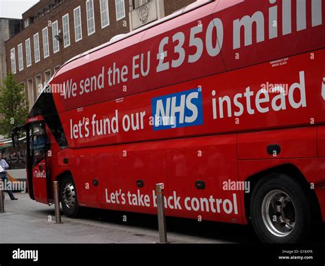 exeter uk    brexit battle bus arrives  exeter nhs logo abuse credit anthony