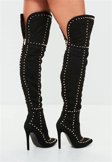 lyst missguided black multi studded thigh high boots  black