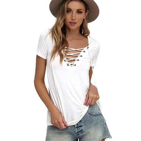 summer women sexy v neck lace up t shirt short sleeve loose top casual