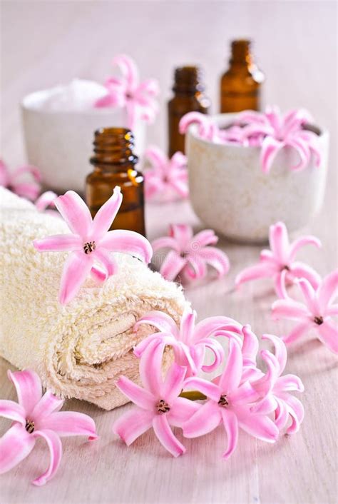 towel spa flowers pink hyacinth stock photo image  clean pink