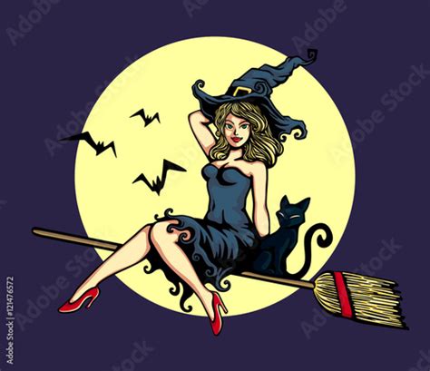 Sexy Cute Pin Up Girl In Witch Halloween Costume Riding Magic Flying