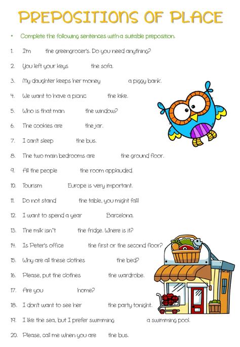 prepositions  place     exercise worksheet