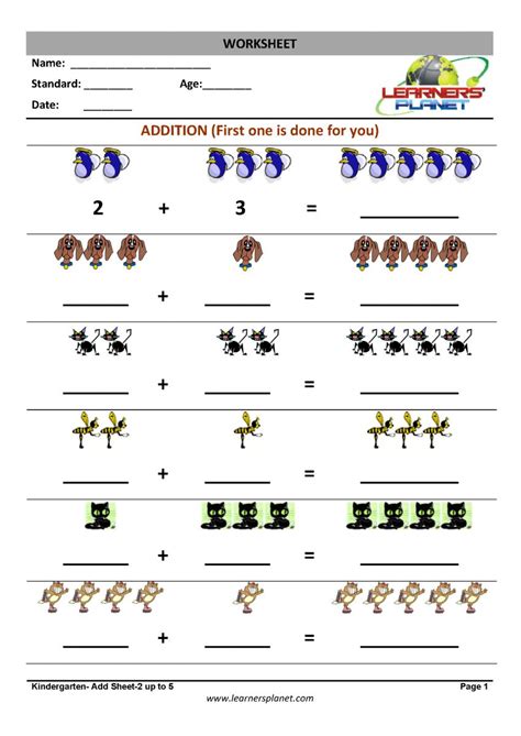addition sums    printable worksheets kindergarten