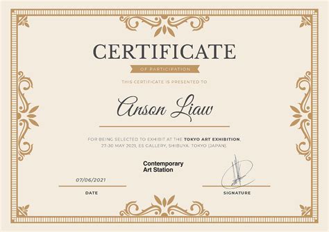 certificate of participation for being a selected artist to exhibit